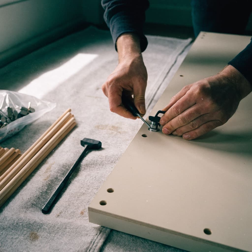Illustrative image: hands seating a cam-lock fitting during flat-pack assembly