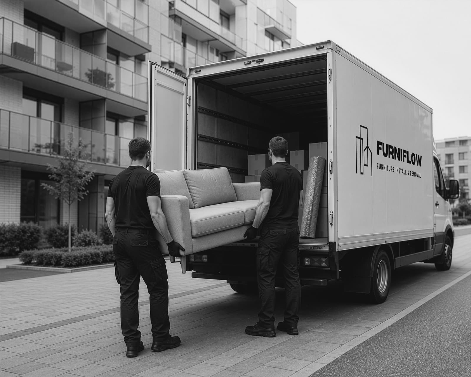 Two operatives carrying a sofa from a delivery vehicle outside an apartment building (illustrative image, not FurniFlow project photography)