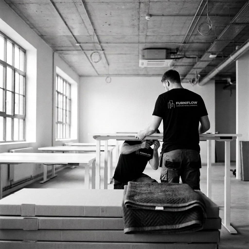 Two operatives in FurniFlow-branded t-shirts installing rows of sit-stand desks in an open-plan office mid fit-out, flat-pack cartons and a transit blanket in the foreground (illustrative image, not FurniFlow project photography)