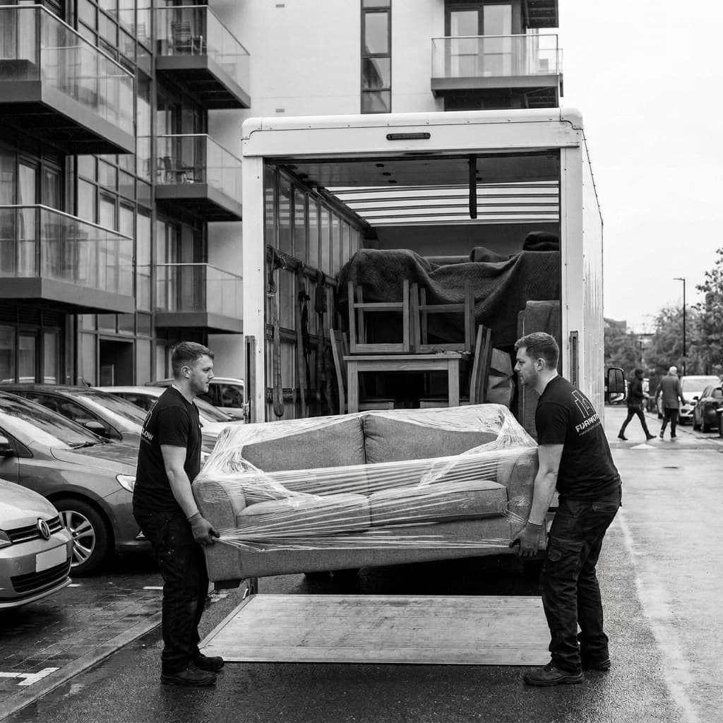 Two operatives in FurniFlow-branded t-shirts loading a film-wrapped modern sofa onto a van tail-lift outside an apartment building, wrapped furniture strapped neatly inside (illustrative image, not FurniFlow project photography)