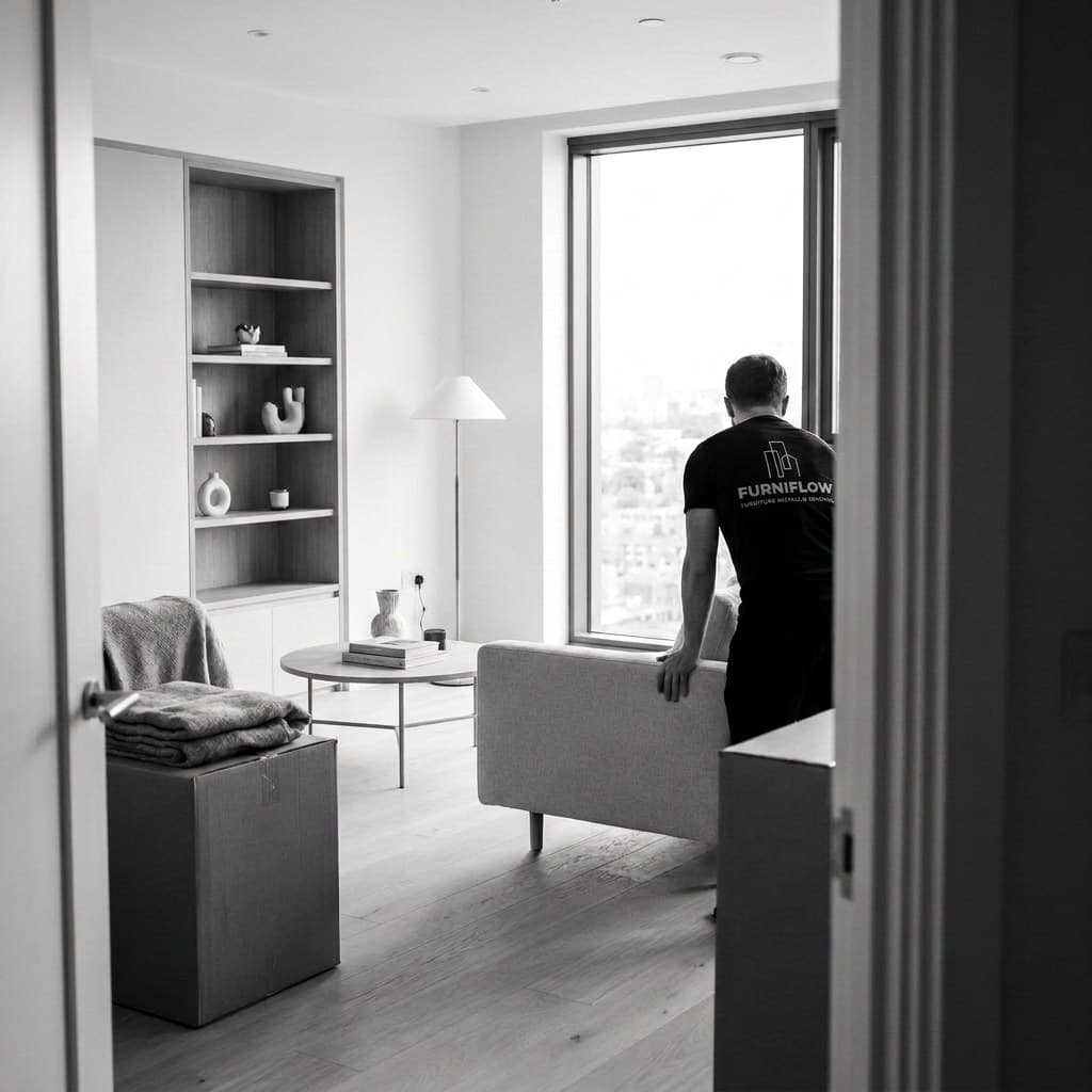 An installer in a FurniFlow-branded t-shirt positioning a sofa in a dressed show-home living room in a new-build apartment (illustrative image, not FurniFlow project photography)